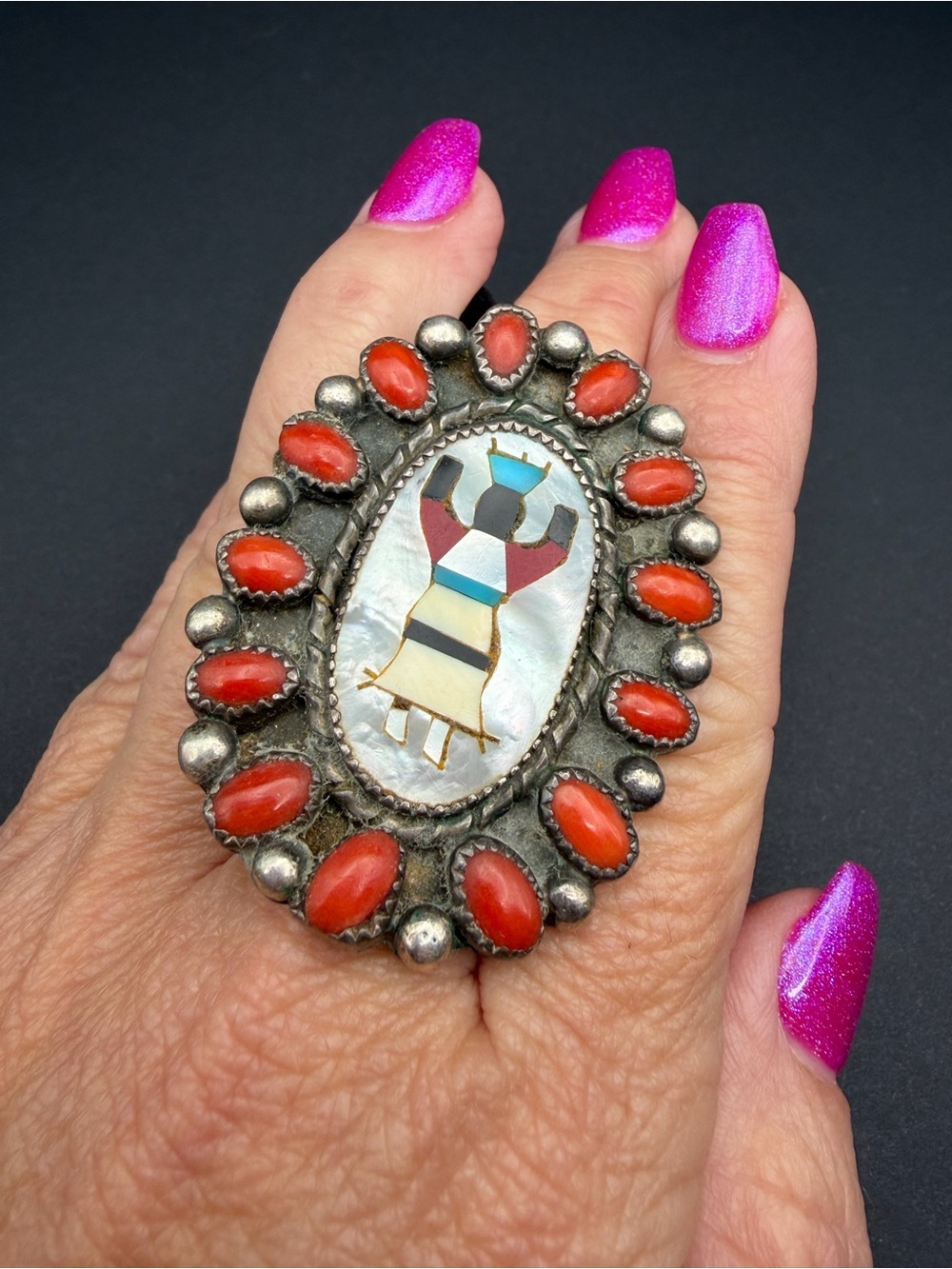 Vintage RHB Roland Hogan Begay Navajo Sterling Coral Gaan Dancer Inlay Ring 7.5